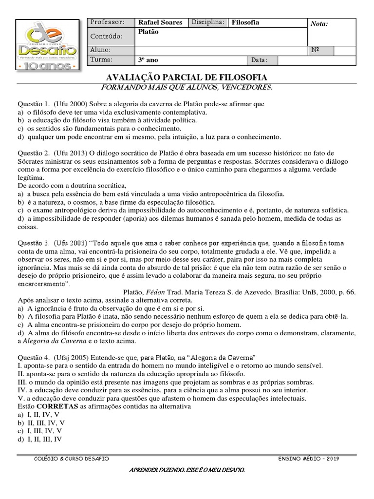 Questões sobre Platão para 9º Ano | PDF | Platão | Sócrates