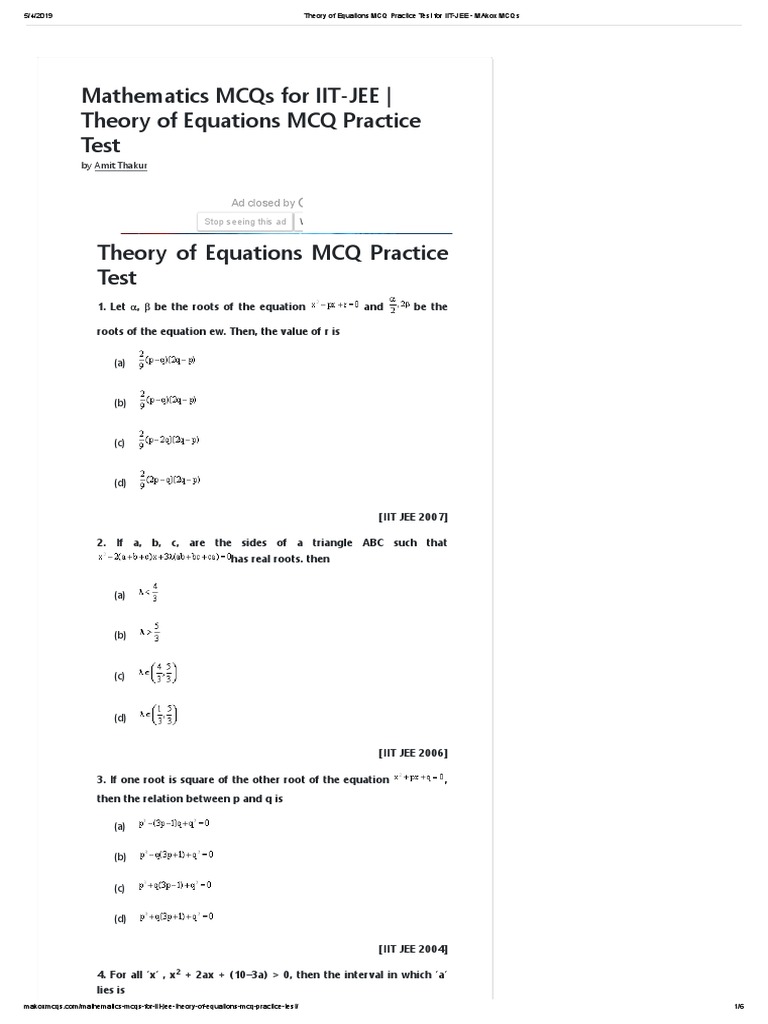 IIT-JEE Theory of Equations MCQs | PDF | Elementary Mathematics ...
