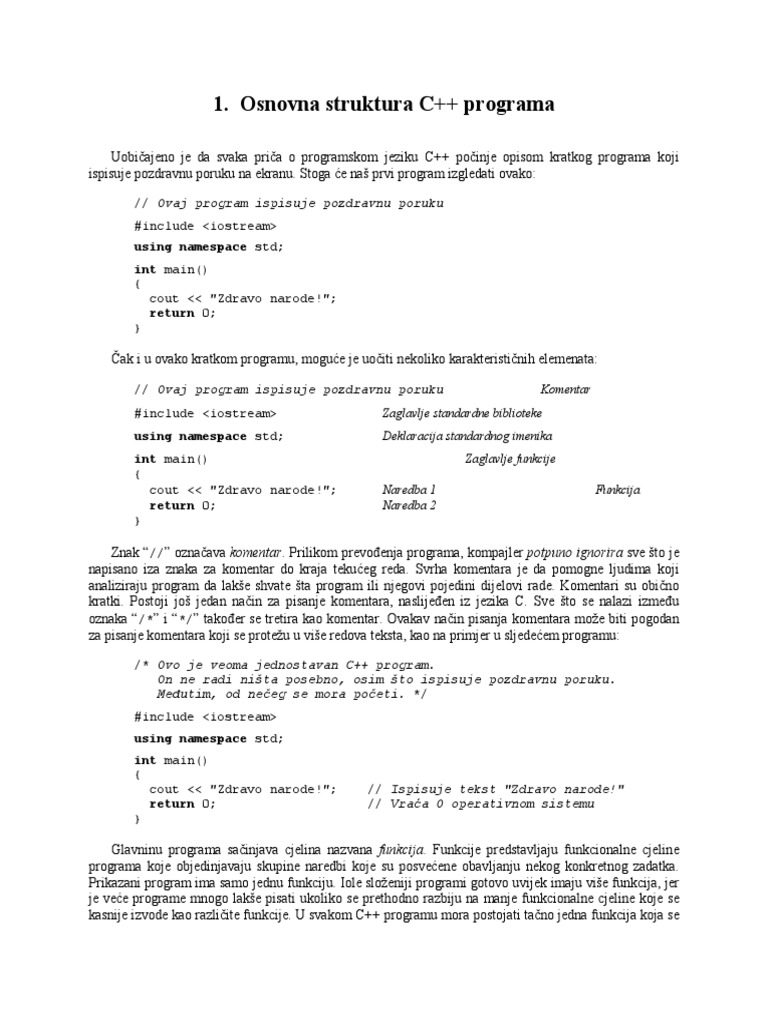 Osnovna Struktura C++ Programa: Using Namespace STD Int Main | PDF