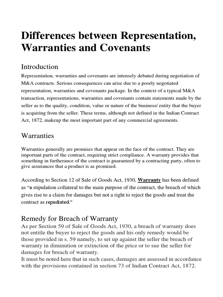 Differences Between Representation, Warranties and Covenants PDF Breach Of Contract Virtue