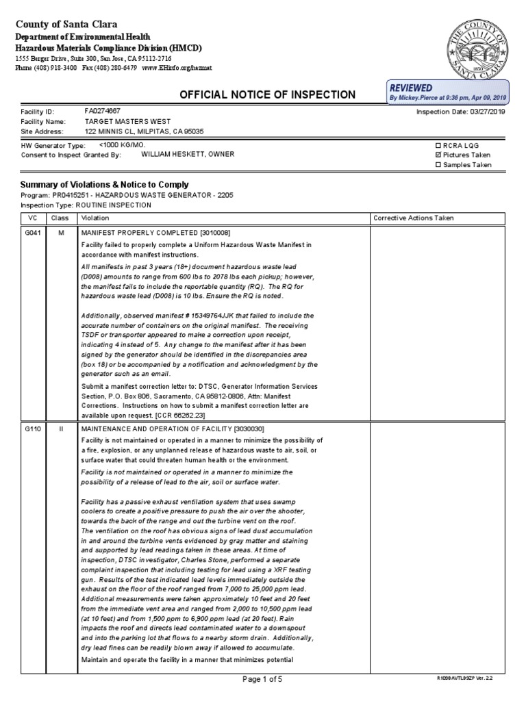 Santa Clara Inspection Report Target Masters West | PDF | Resource ...