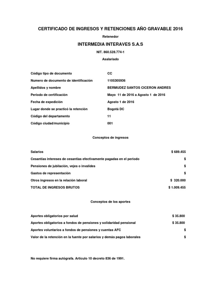 Certificado de Ingresos 2016: Retenciones | PDF