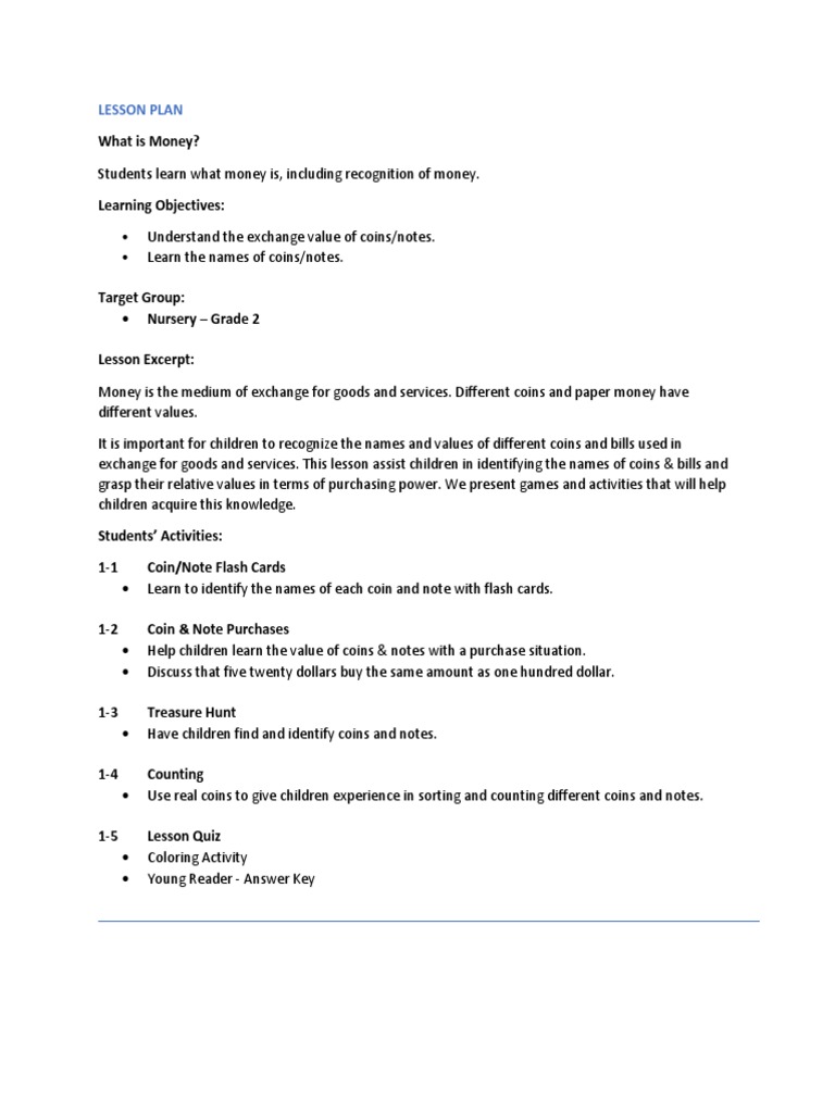 Lesson Plan 1 - What Is Money | PDF | Banknote | Coins