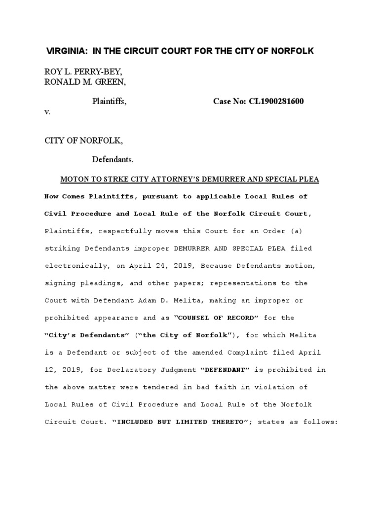 Motion To Strike Melita 2019 | PDF | Virginia Circuit Court | Pleading