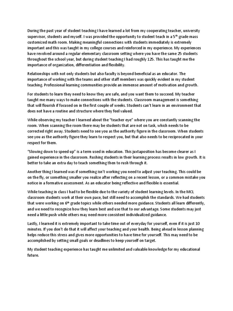 Student Teaching Reflection | PDF | Teachers | Teaching