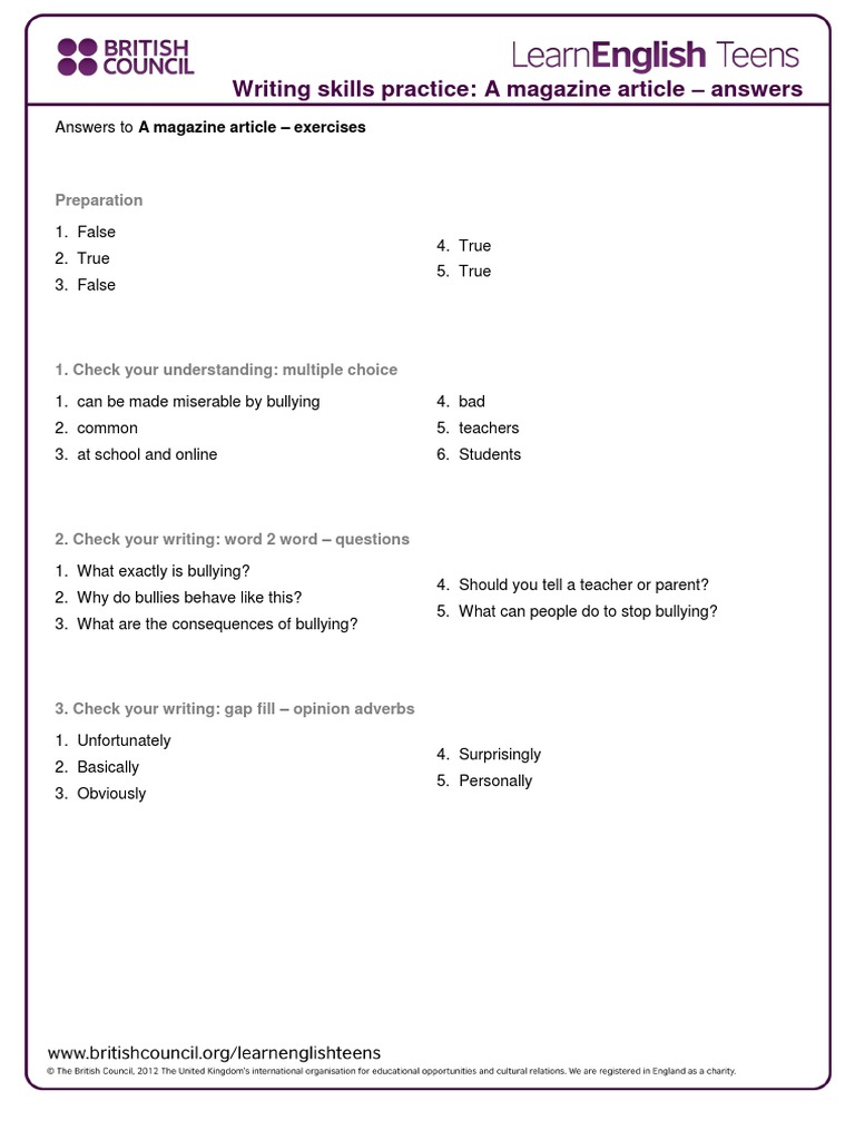 Bullying in Schools: Article Answers | PDF