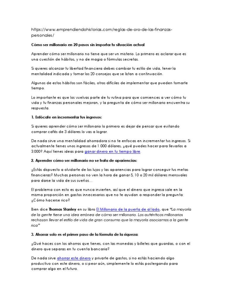 20 Pasos para Ser Millonario | PDF | Ahorro | Presupuesto