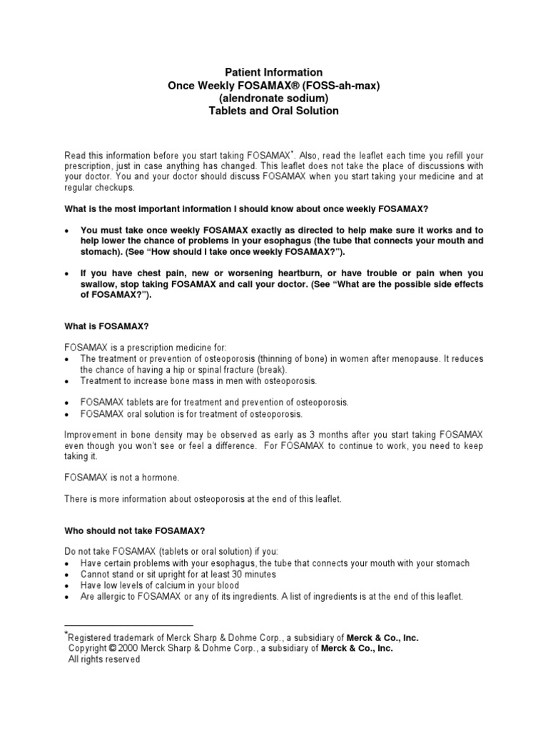 Patient Information Once Weekly FOSAMAX® (FOSS-ah-max) (Alendronate ...