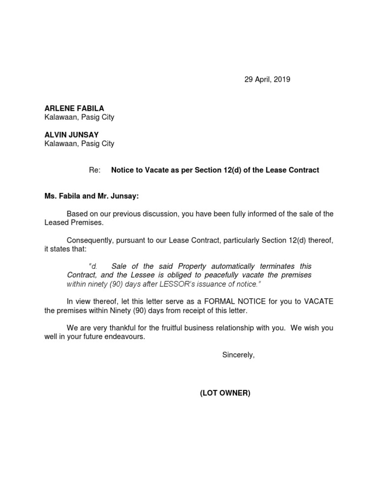 Notice To Vacate | PDF | Landlord–Tenant Law | Lease