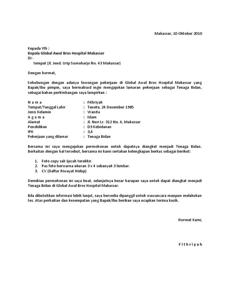 Contoh Surat Lamaran Untuk Rumah Sakit