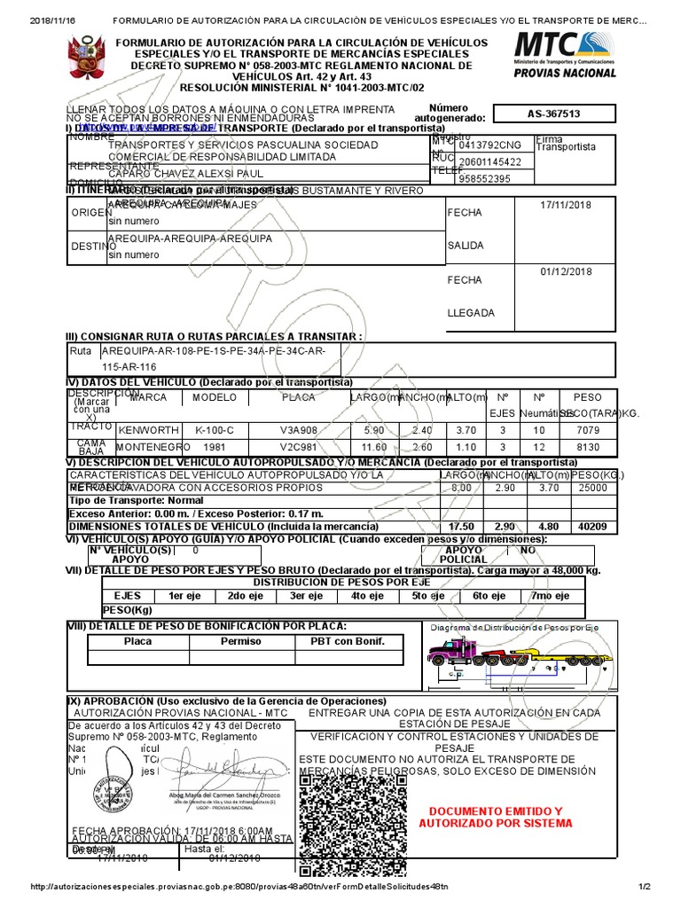 FORMULARIO DE AUTORIZACIÓN PARA LA CIRCULACIÓN DE VEHÍCULOS ESPECIALES ...