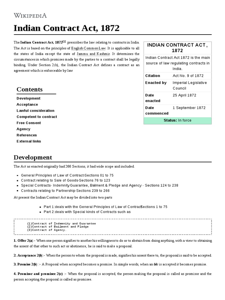 Indian Contract Act 1872 Overview | PDF | Law Of Agency | Consideration