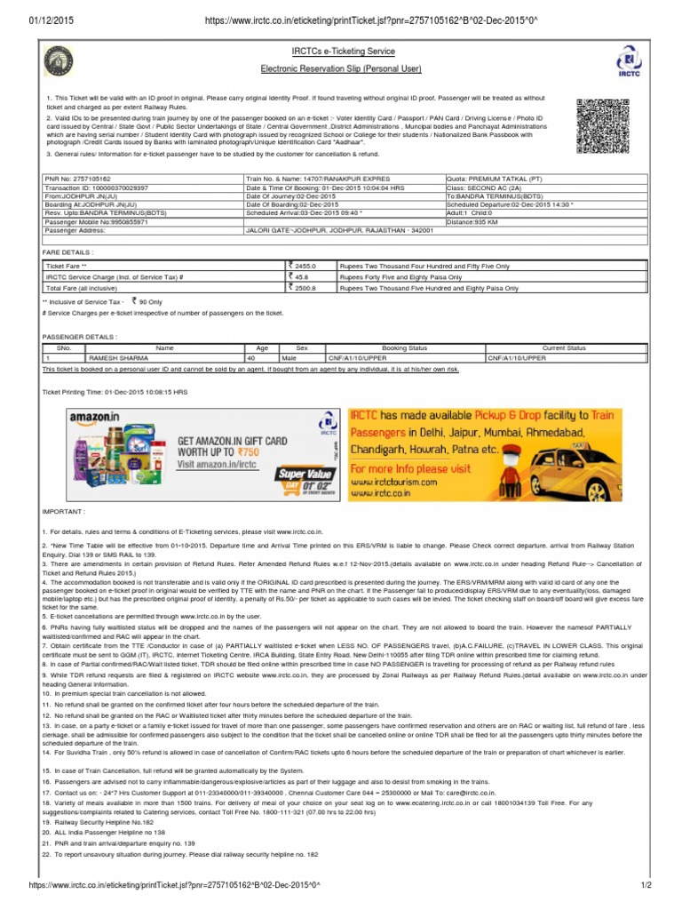 IRCTC e-Ticketing Confirmation Details | PDF | Identity Document ...