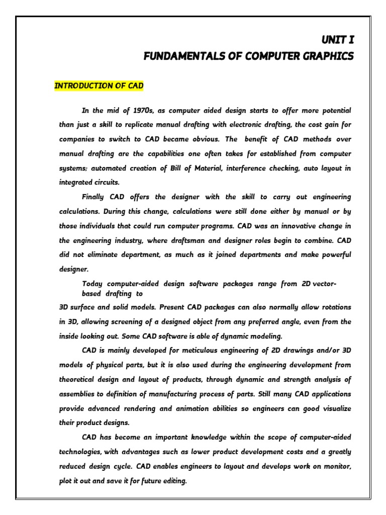 Unit I Fundamentals of Computer Graphics PDF Computer Aided Design