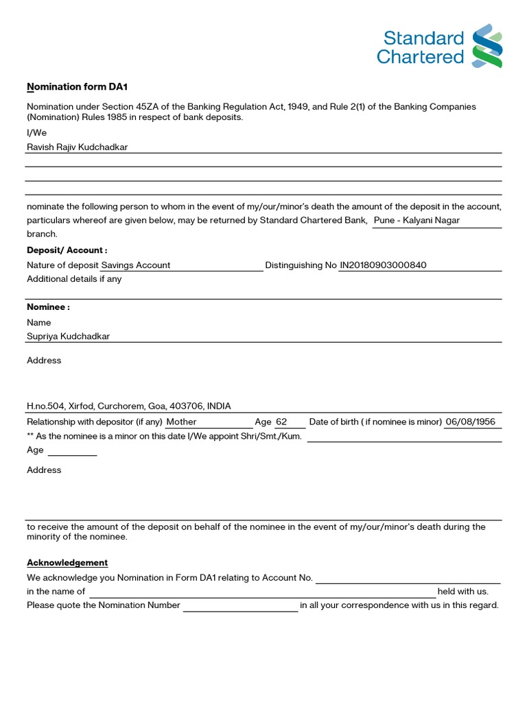 Bank Deposit Nomination Form DA1 | PDF