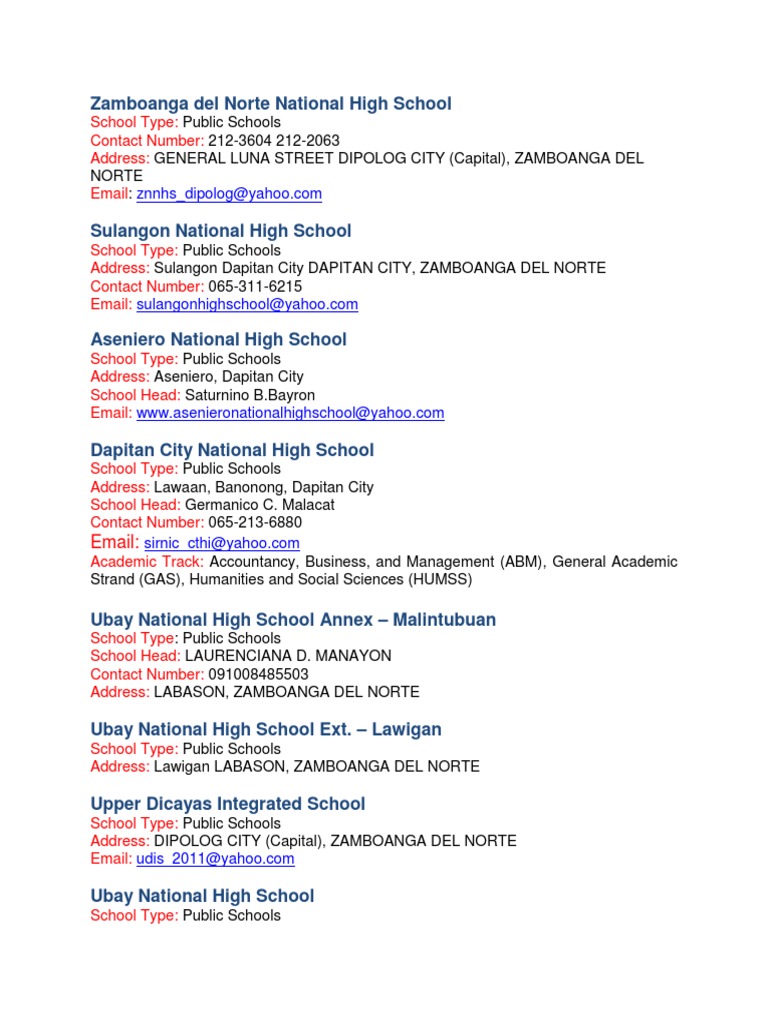List of High Schools PDF