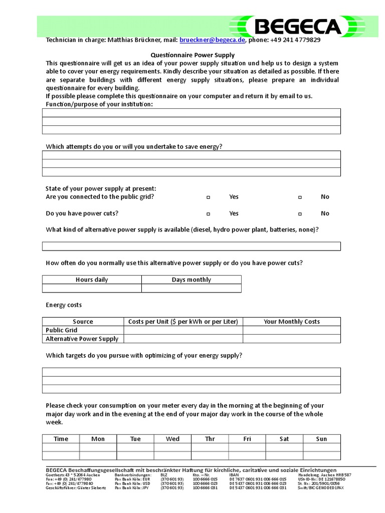 Questionnaire Power Supply Brueckner Begeca De Power Physics