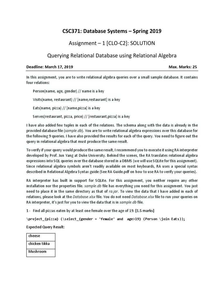 Relational Algebra Queries Assignment | PDF | Relational Database ...