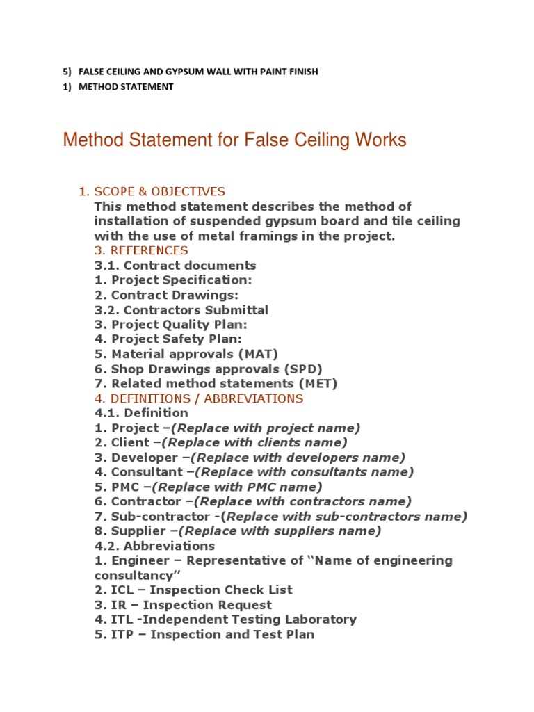 Method Statement for False Ceiling Works 1. Scope & Objectives