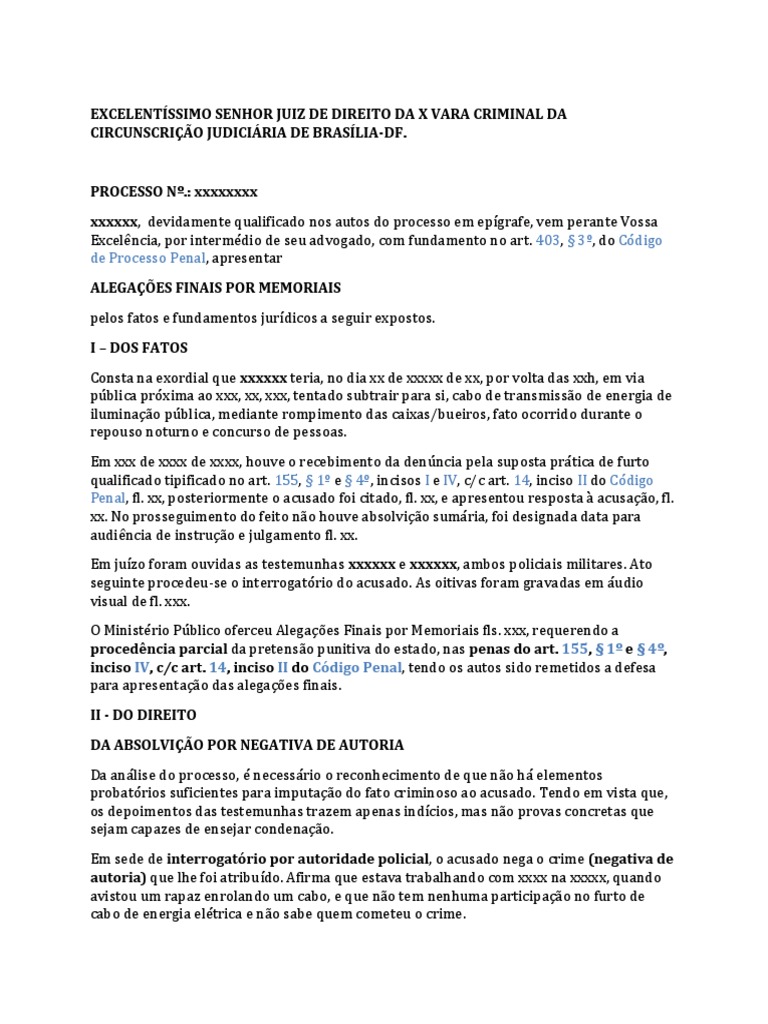 Alegacoes Finais Furto Qualificado Art 155 1 e 4 Inc I e IV e 14 Inc II ...