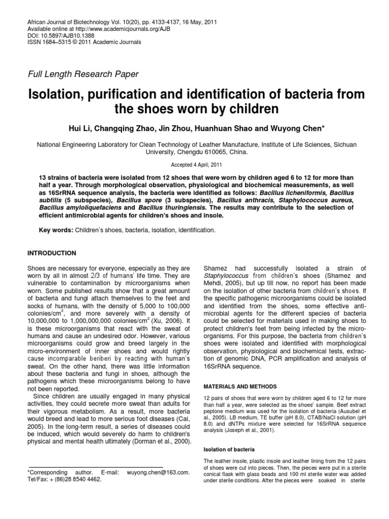 Isolation, Purification and Identification of Bacteria From The Shoes