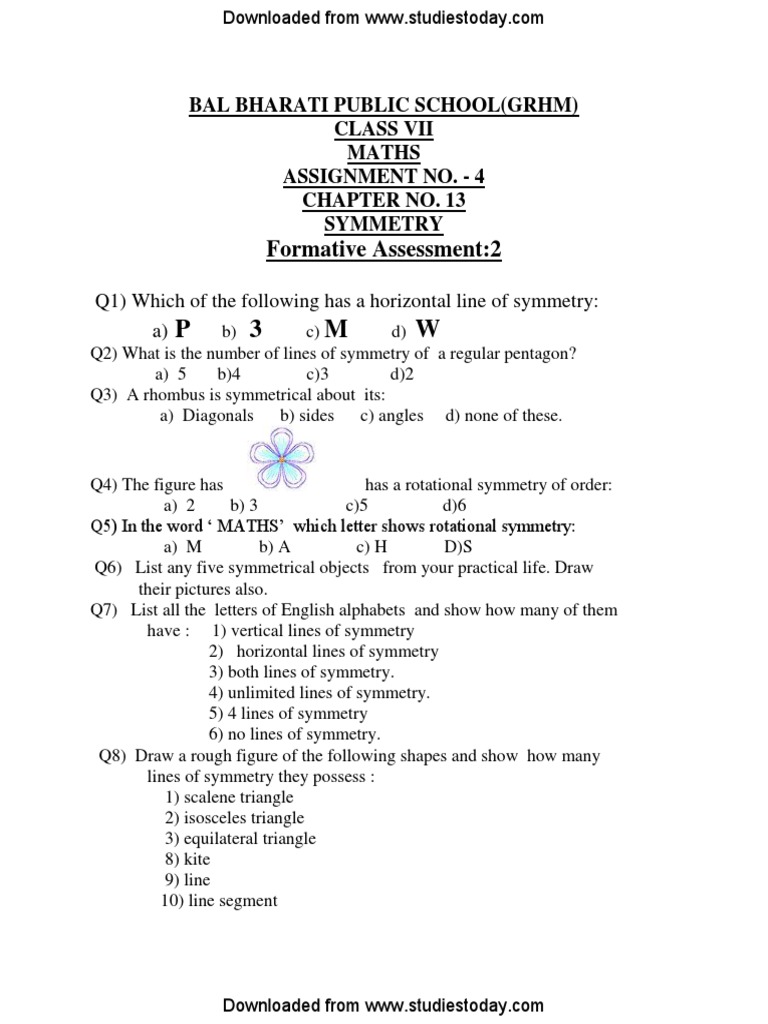 Class 7 Symmetry Worksheet | PDF | Symmetry | Elementary Geometry