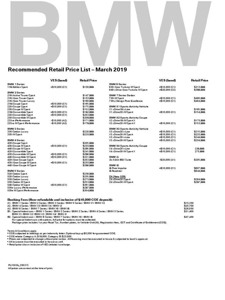 BMW Price List PL1903b PDF Bmw Sports Car Manufacturers