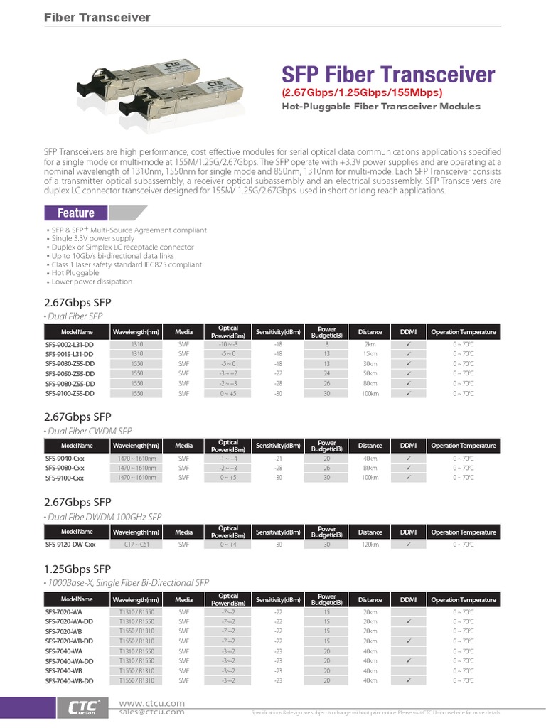 SFP Fiber Transceiver Specifications | PDF | Optical Fiber | Computer ...
