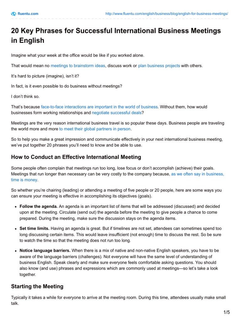 Key Phrases for Business Meetings | PDF | Communication | Cognition