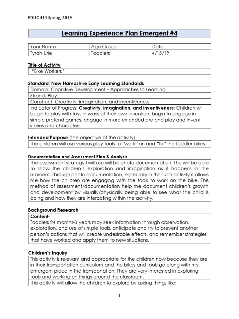 Learning Experience Plan Emergent #4: Title of Activity | PDF ...