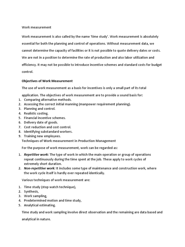 Techniques of work measurement in production management pdf