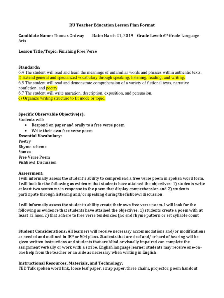 Free Verse Poetry Lesson Plan for 6th Grade | PDF | Reading ...