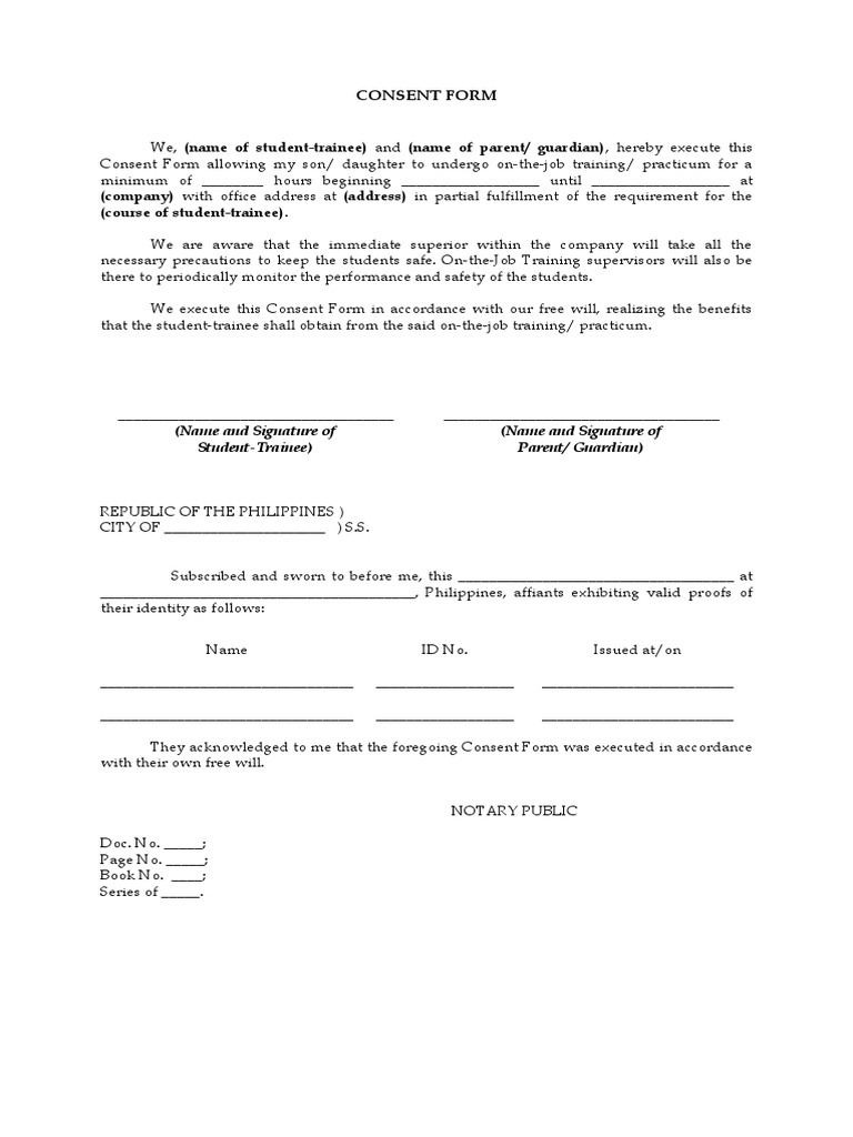 Parent Consent for OJT Training | PDF