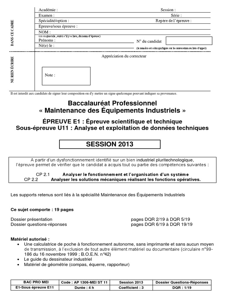 Sujet Bac Pro Mei Ex Mecanique | PDF | Machine | Physique appliquée et interdisciplinaire