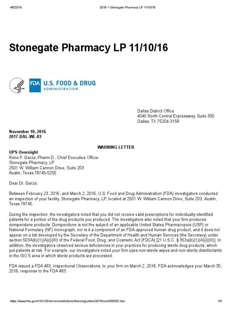 FDA Warning Letter to Stonegate Pharmacy | PDF | Federal Food | Food ...