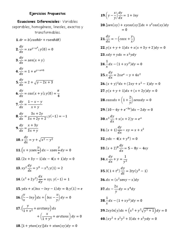 Ejercicios Propuestos Ecuaciones Diferenciales Primer Orden Pdf Differential Equations Equations