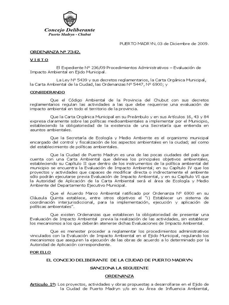 Ord 7342 - Evaluación de Impacto Ambiental | PDF | Evaluación de ...