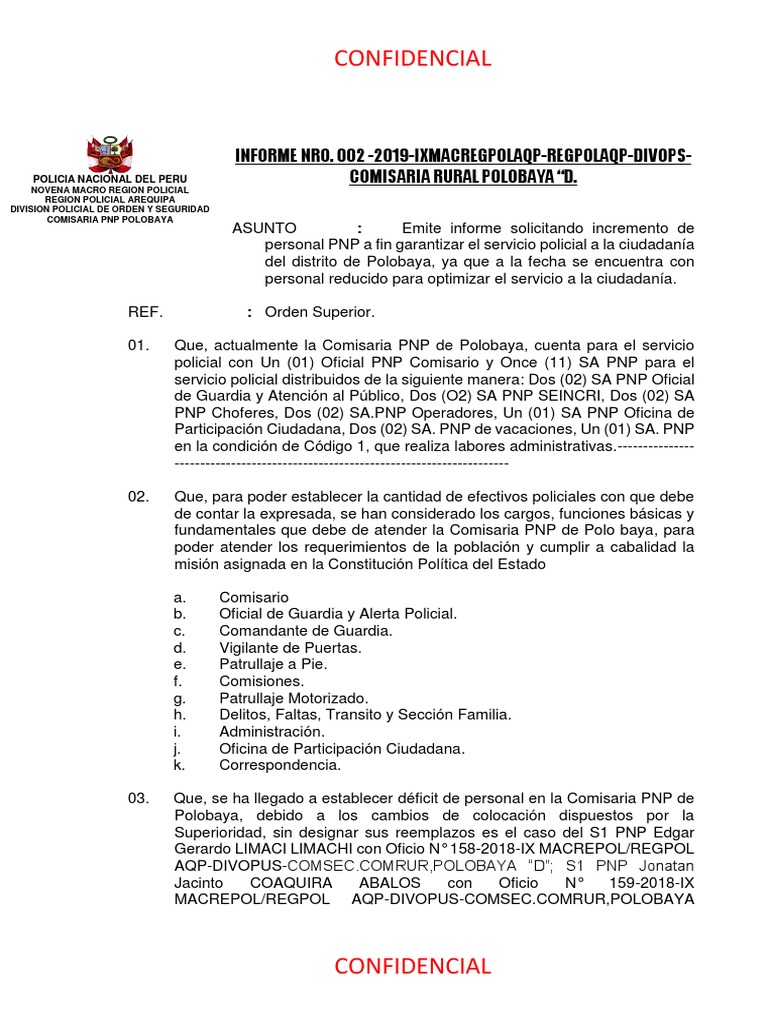 Informe De Requerimiento De Personal Pnp Policia Seguridad Nacional