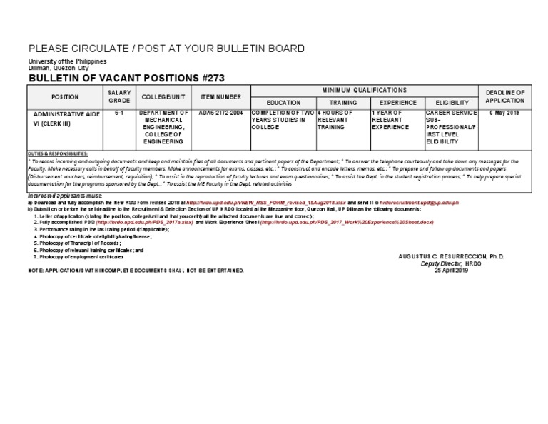 Please Circulate / Post at Your Bulletin Board Bulletin of Vacant ...