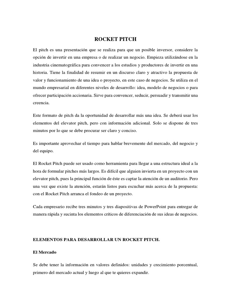 Rocket Pitch | PDF | Empresa de inicio | Pequeñas empresas y emprendedores