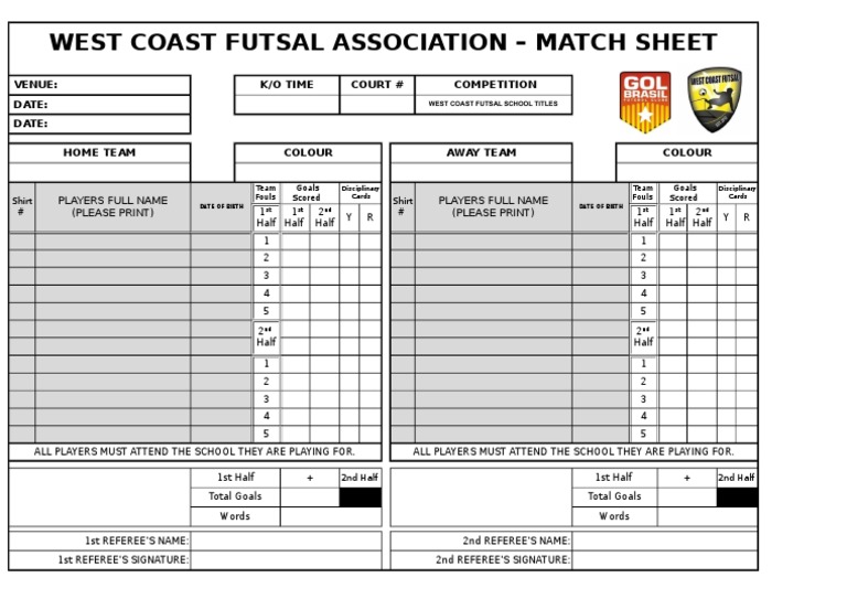 West Coast Futsal Match Sheet | PDF | Association Football ...