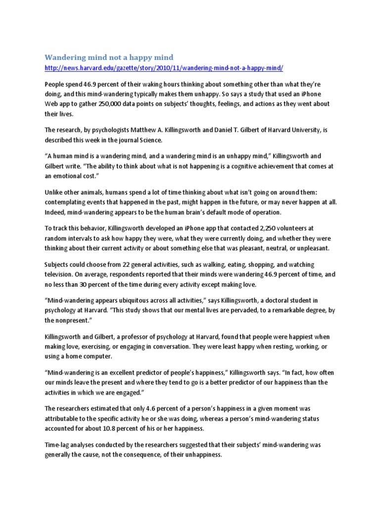 Mind Wandering and Unhappiness Study | PDF | Mind Wandering | Thought