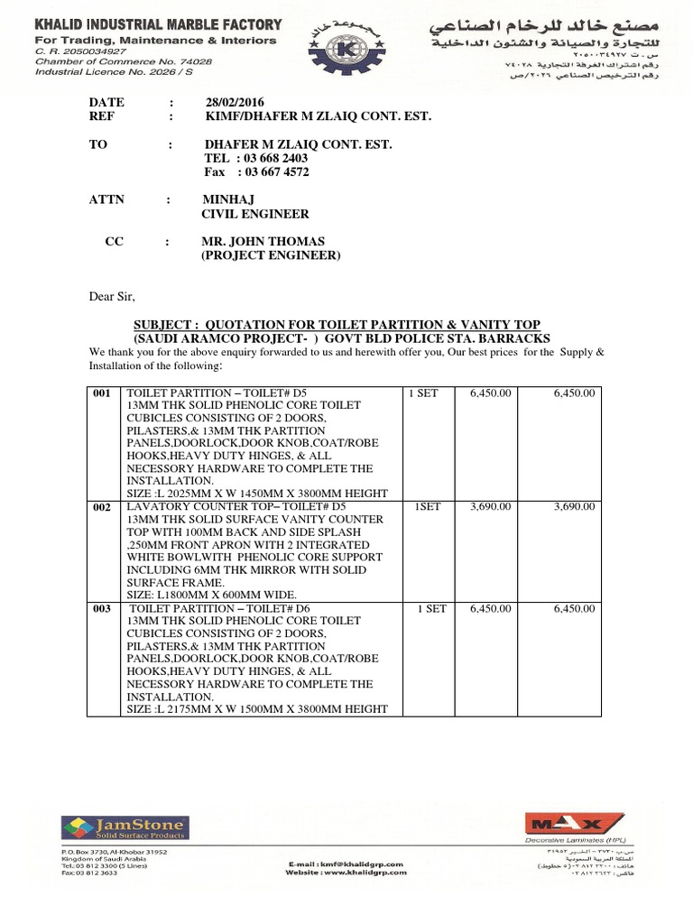 Toilet Partition & Vanity Top Quotation | PDF | Countertop | Interior ...