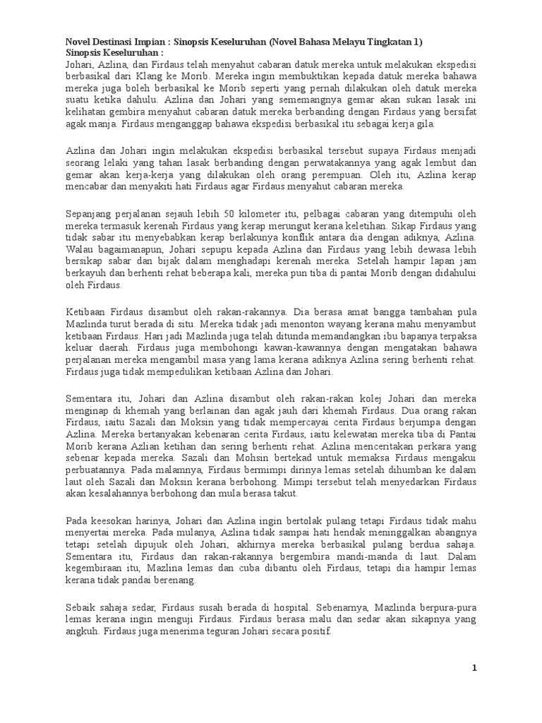 Novel Destinasi Impian Sinopsis Keseluruhan Novel Bahasa Melayu Tingkatan 1 Sinopsis Keseluruhan