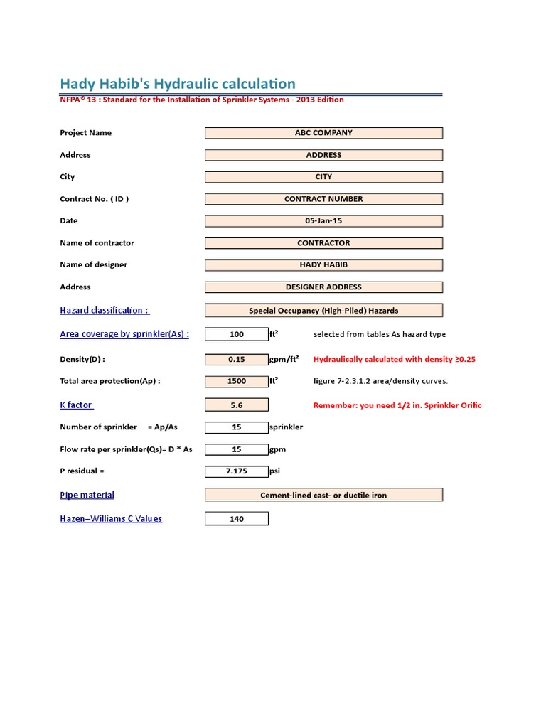 Fire Sprinklers Hydraulic calculations.xlsx Fire Sprinkler System