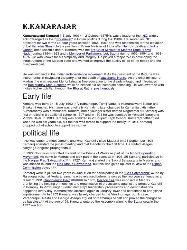 History of Kamarajar PDF Government Of India Independent India