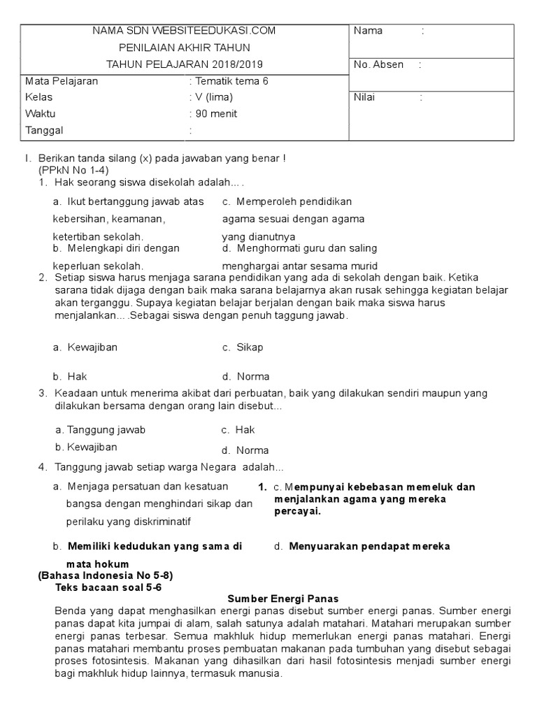 Soal Pat Kelas 5 Tema 6 Websiteedukasi Com