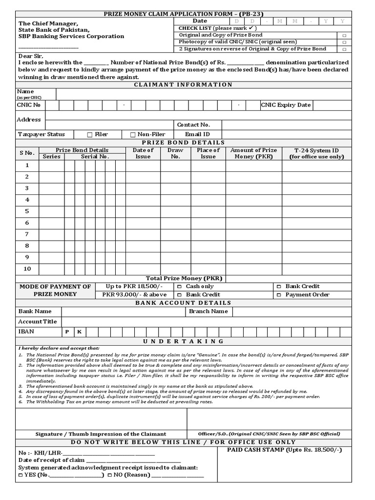 Prize Money Claim Form (PB-23) | PDF | Bonds (Finance) | Receipt