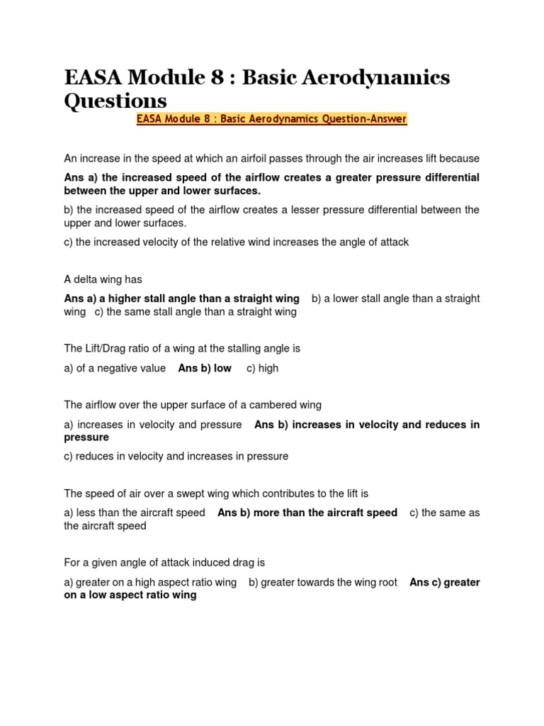 EASA Module 8: Aerodynamics Q&A | PDF | Lift (Force) | Flight Control ...