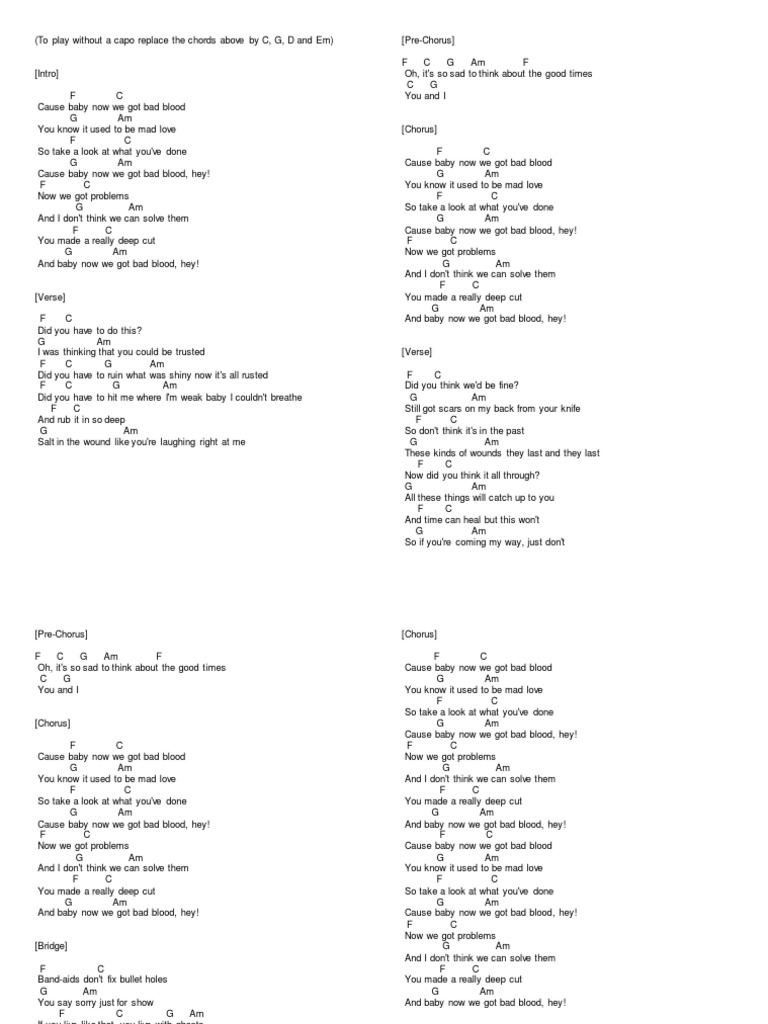 Bad Blood Song Structure Musical Compositions scribd